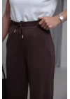 Kadın Acı Kahve Yüksek Bel Bağlamalı Bol Paça Dökümlü Yumuşak Modal Kumaş Pantolon