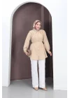 Kadın Bej Geniş Çift Yakalı Pileli Kuşaklı Dokuma Kumaş Uzun Tunik Gömlek