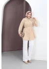 Kadın Bej Geniş Çift Yakalı Pileli Kuşaklı Dokuma Kumaş Uzun Tunik Gömlek