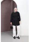 Kadın Siyah Geniş Çift Yakalı Pileli Kuşaklı Dokuma Kumaş Uzun Tunik Gömlek