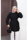 Kadın Siyah Geniş Çift Yakalı Pileli Kuşaklı Dokuma Kumaş Uzun Tunik Gömlek
