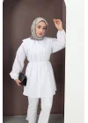 Kadın Beyaz Geniş Çift Yakalı Pileli Kuşaklı Dokuma Kumaş Uzun Tunik Gömlek