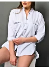 Kadın Beyaz Mavi Çizgili Sırt ve Kol Detaylı Oversize Keten Gömlek