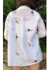 Kadın Beyaz Renkli Çiçek Nakışlı Oversize Pamuk Keten Gömlek