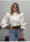Kadın Beyaz Fisto Detaylı Geniş Yakalı Balon Kol Pamuk Keten Gömlek Bluz