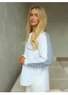 Kadın Beyaz Mavi Çizgili Sırt ve Kol Detaylı Oversize Keten Gömlek