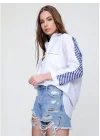 Kadın Beyaz Mavi Çizgili Sırt ve Kol Detaylı Oversize Keten Gömlek