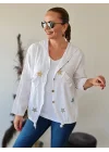 Kadın Beyaz Kapüşonlu Yıldız İşlemeli Cepli Büzgülü Pamuk Keten Gömlek Ceket