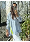 Kadın Mavi Çizgili Neon Detaylı Katlanabilir Kollu Oversize Keten Gömlek
