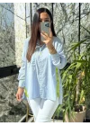Kadın Mavi Çizgili Neon Detaylı Katlanabilir Kollu Oversize Keten Gömlek