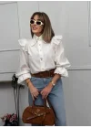 Kadın Beyaz Fisto Detaylı Geniş Yakalı Balon Kol Pamuk Keten Gömlek Bluz