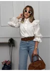Kadın Beyaz Fisto Detaylı Geniş Yakalı Balon Kol Pamuk Keten Gömlek Bluz