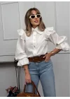 Kadın Beyaz Fisto Detaylı Geniş Yakalı Balon Kol Pamuk Keten Gömlek Bluz