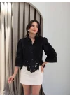 Kadın Siyah Yaprak Desenli Lazer Kesim Nakışlı Fistolu Pamuk Keten Gömlek