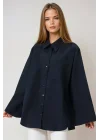Kadın Lacivert Oversize Geniş Kollu Tek Cepli Uzun Keten Gömlek