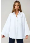 Kadın Beyaz Oversize Geniş Kollu Tek Cepli Uzun Keten Gömlek