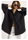 Kadın Siyah Oversize Geniş Kollu Tek Cepli Uzun Keten Gömlek