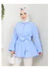 Kadın Buz Mavisi Belden Kuşaklı Geniş Kollu Keten Tunik Gömlek