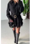 Kadın Siyah Dantel Detaylı Katlı Volanlı Kemerli Gömlek Yaka Kısa Elbise