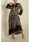 Kadın Siyah Bej Etnik Desenli Yarım Düğmeli Volanlı Uzun Viskon Elbise