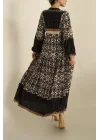Kadın Siyah Bej Etnik Desenli Yarım Düğmeli Volanlı Uzun Viskon Elbise