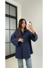 Kadın Lacivert Oversize Geniş Kollu Tek Cepli Uzun Keten Gömlek