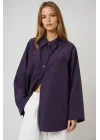 Kadın Mor Oversize Geniş Kollu Tek Cepli Uzun Keten Gömlek