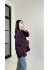 Kadın Mor Oversize Geniş Kollu Tek Cepli Uzun Keten Gömlek
