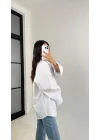 Kadın Beyaz Oversize Geniş Kollu Tek Cepli Uzun Keten Gömlek