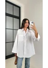 Kadın Beyaz Oversize Geniş Kollu Tek Cepli Uzun Keten Gömlek