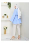 Kadın Buz Mavisi Belden Kuşaklı Geniş Kollu Keten Tunik Gömlek