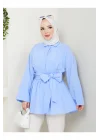 Kadın Buz Mavisi Belden Kuşaklı Geniş Kollu Keten Tunik Gömlek