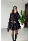 Kadın Siyah Dantel Detaylı Katlı Volanlı Kemerli Gömlek Yaka Kısa Elbise