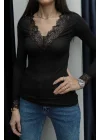 Kadın Siyah V Yaka Dantel Detaylı Uzun Kollu Esnek Viskon Bluz