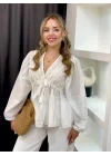 Kadın Beyaz V Yaka Dantelli Önden Bağlamalı Pinterest Peplum Bluz