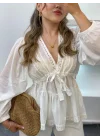 Kadın Beyaz V Yaka Dantelli Önden Bağlamalı Pinterest Peplum Bluz