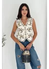 Kadın Krem Renkli Çiçek Nakış İşlemeli V Yaka Düğmeli Keten Yelek