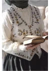 Kadın Krem Renkli Çiçek Nakış İşlemeli V Yaka Düğmeli Keten Yelek