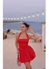 Kadın Kırmızı Boyundan Bağlamalı Halter Yaka Dabıl Kumaş Balon Mini Elbise