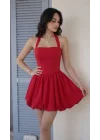 Kadın Kırmızı Boyundan Bağlamalı Halter Yaka Dabıl Kumaş Balon Mini Elbise