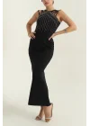 Kadın Siyah Taş İşlemeli Çoklu Askılı Yırtmaçlı Scuba Uzun Abiye Elbise