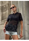 Kadın Siyah Transparan Dantel Polo Yaka Kısa Kollu Bluz