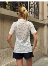 Kadın Beyaz Transparan Dantel Polo Yaka Kısa Kollu Bluz