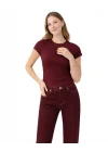 Kadın Bordo Pamuklu Ribana Kumaş Kısa Kollu Bisiklet Yaka Basic Body Tişört