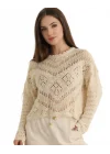 Kadın Bej Ajurlu Kroşe Örgü Bisiklet Yaka Uzun Kollu Bohem Bluz Kazak