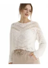 Kadın Beyaz Ajurlu Kroşe Örgü Bisiklet Yaka Uzun Kollu Bohem Bluz Kazak