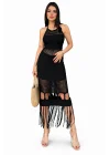 Kadın Siyah Bohem Kroşe Örgü Püsküllü Halter Yaka Ajurlu Plaj Elbisesi