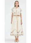 Kadın Ekru Pinterest Keten Renkli Çiçek Nakışlı Önden Bağlamalı Bluz ve Etekli Takım