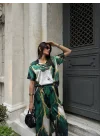 Kadın Zümrüt Yeşil Mermer Desenli Saten Gömlek Pantolon İkili Takım