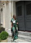 Kadın Zümrüt Yeşil Mermer Desenli Saten Gömlek Pantolon İkili Takım